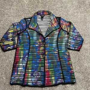 Ali Miles Jacket Women M Abstract Stripe Pleated Colorful Button Front